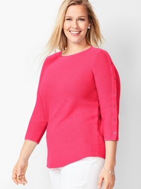 Talbots Pink Knit Top Button Sleeve 3/4 Sleeve Lightweight Sweater Women L